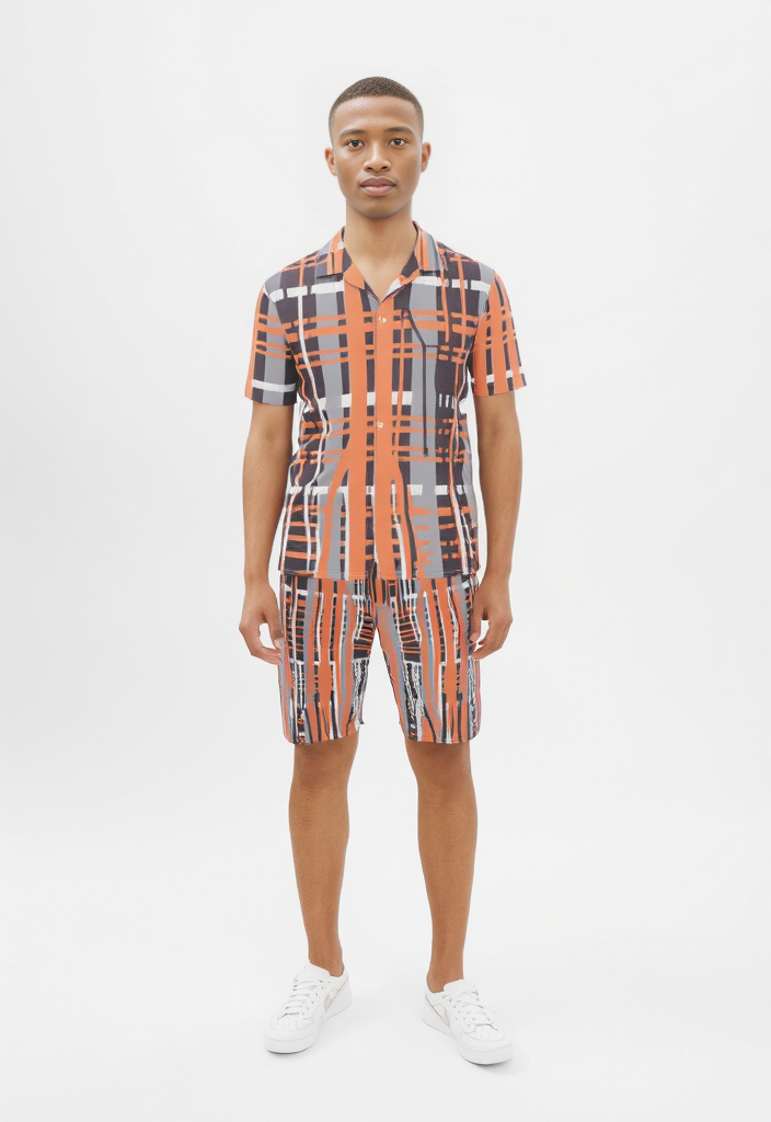 Polo Co-ord Set in Dripping Plaid Gray Coral - Polo Shirt in Dripping Plaid Gray Coral