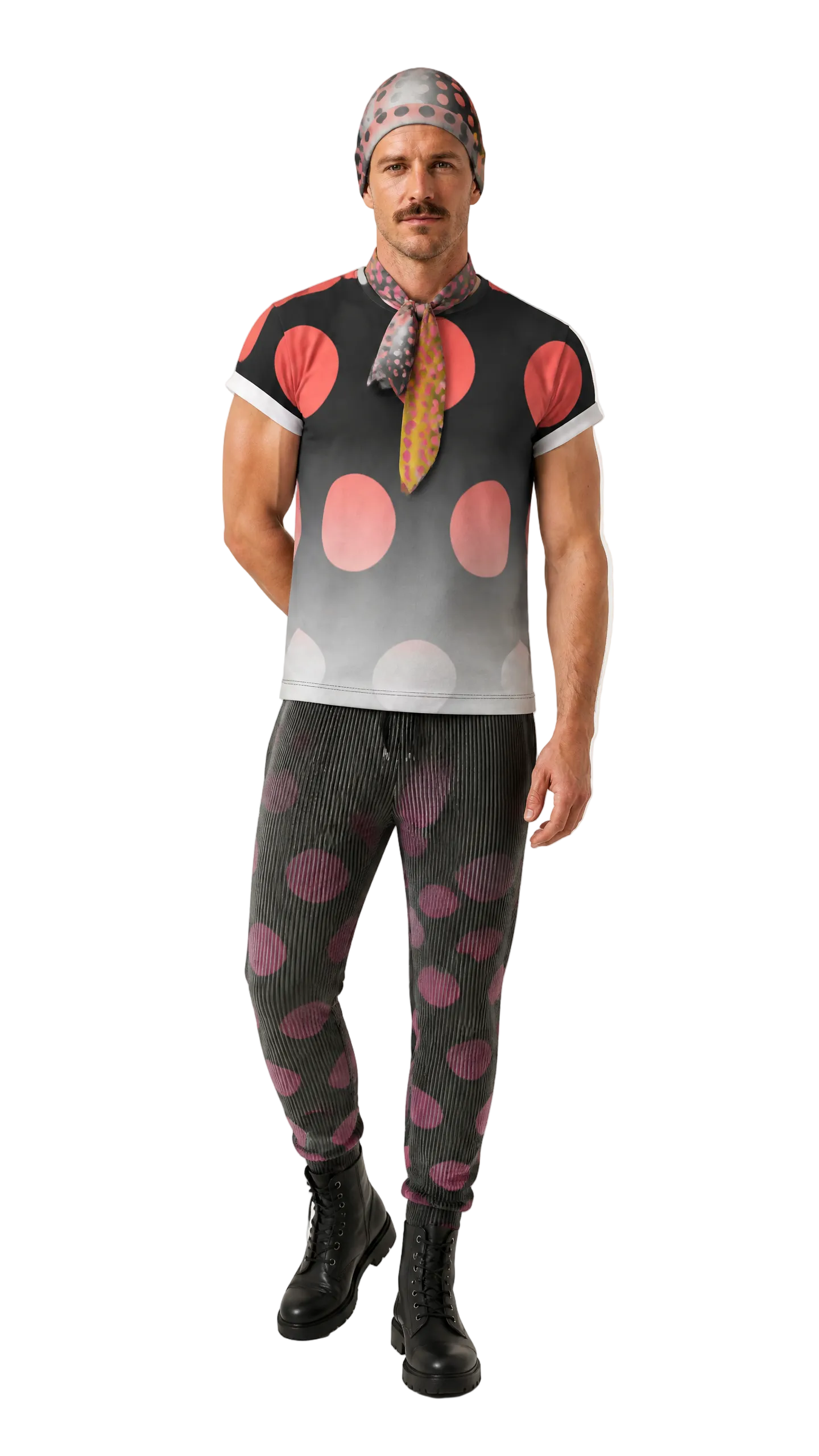 A man modeling a short-sleeve t-shirt and matching pants with a polka dot pattern, styled with a patterned bandana and neck scarf against a plain light background.