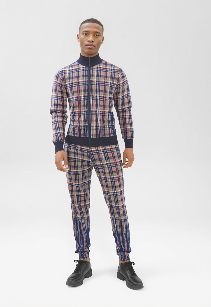 Man wearing a plaid  tracksuit jacket and pants on a white background the plaid is melting and dripping from   half way down the jacket and trousers in blue beige and red.