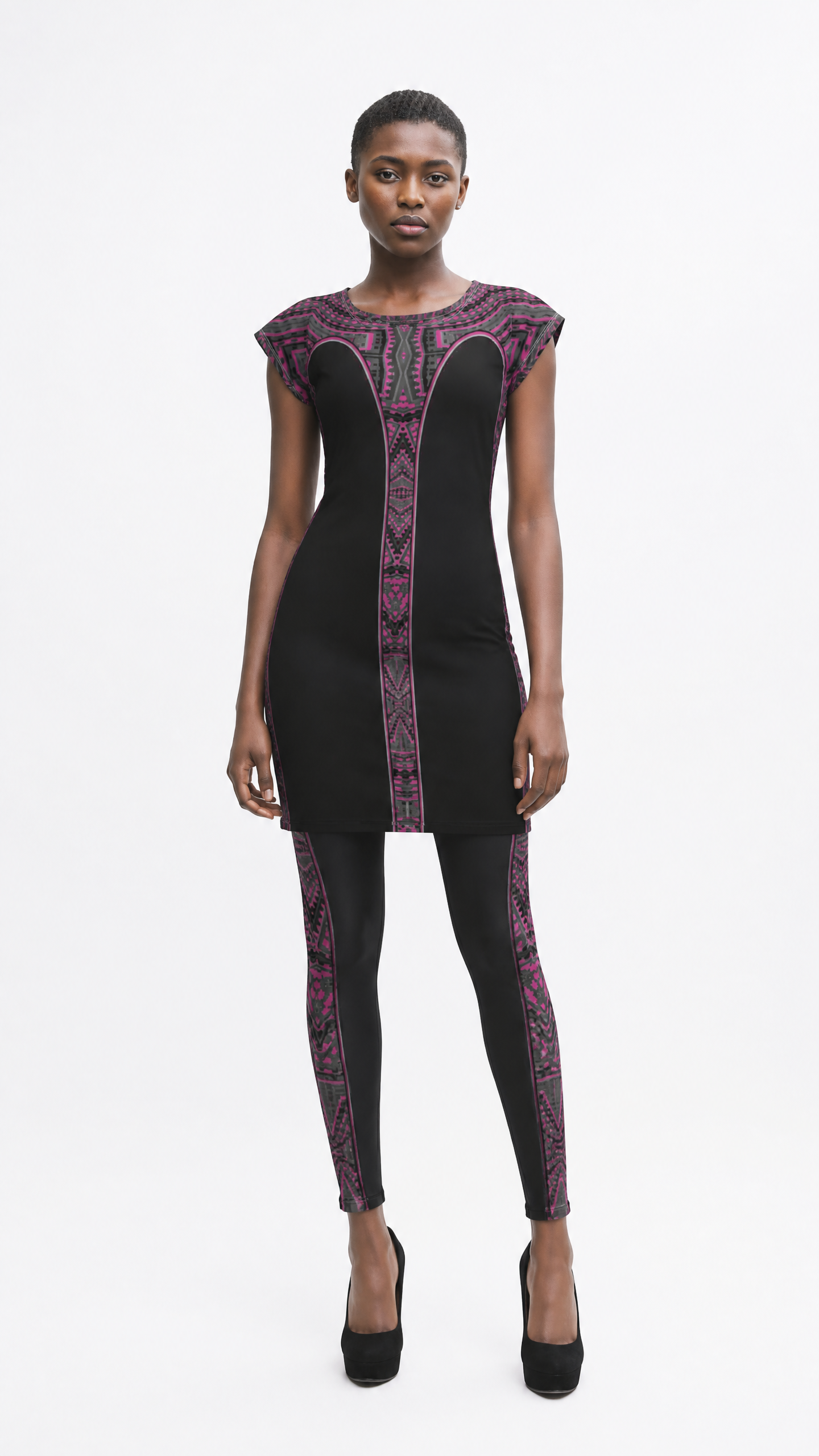 Tunic T Shirt Dress in  Contours pattern  Fuchsia Carbon