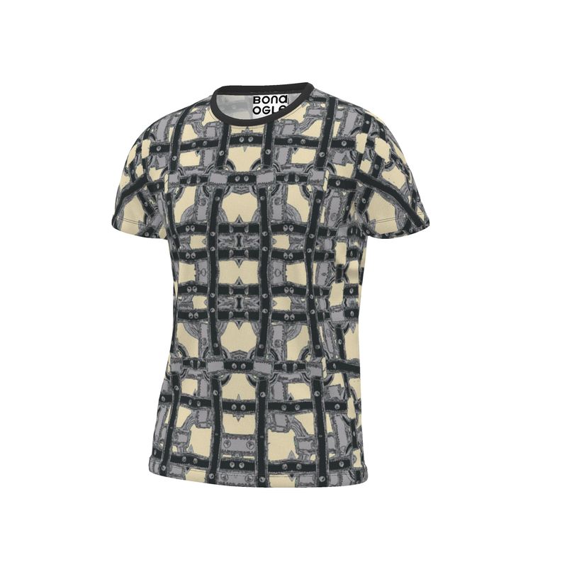 A round-neck T-shirt with a geometric pattern in black and gray colors.