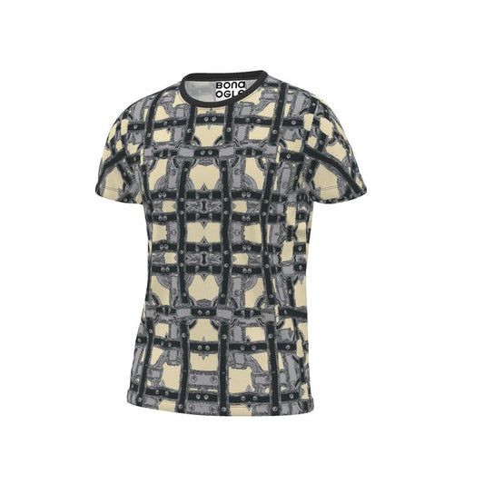 A round-neck T-shirt with a geometric pattern in black and gray colors.