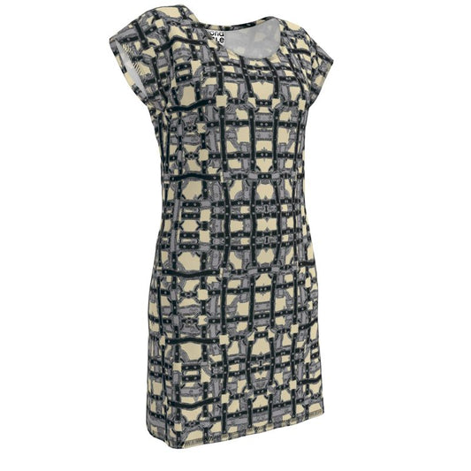A mid-thigh length tunic t-shirt dress with a geometric harness print in gray and beige colors, featuring a rounded neckline and short sleeves.