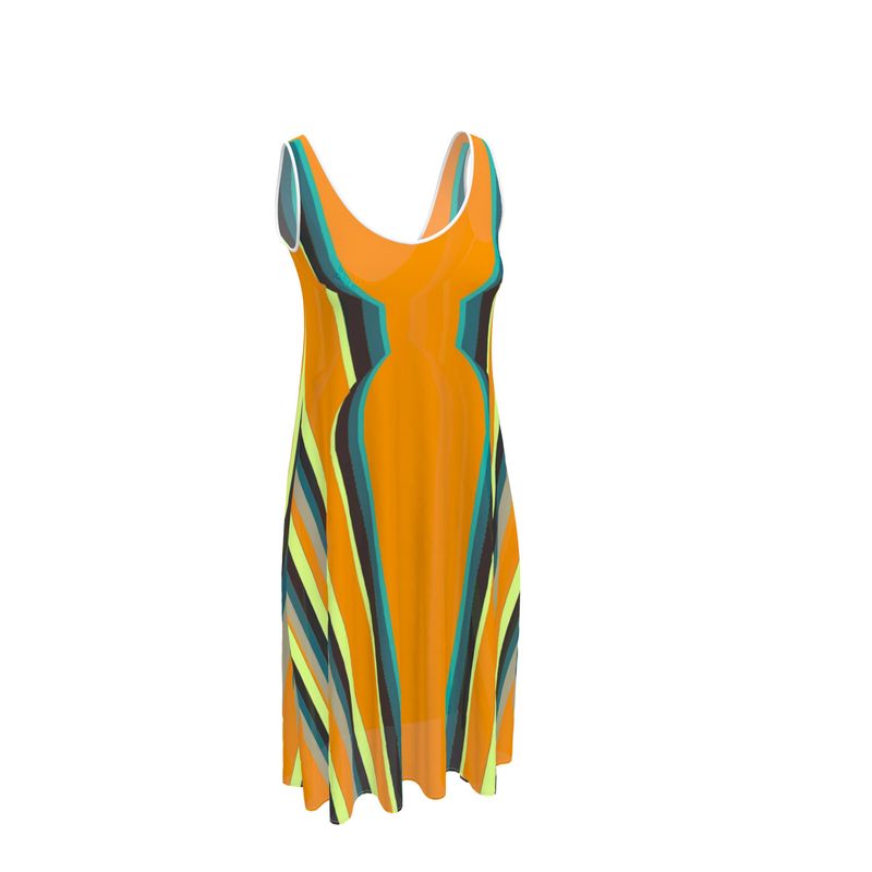 Sleeveless Midi Dress in 3D hourglass orange.