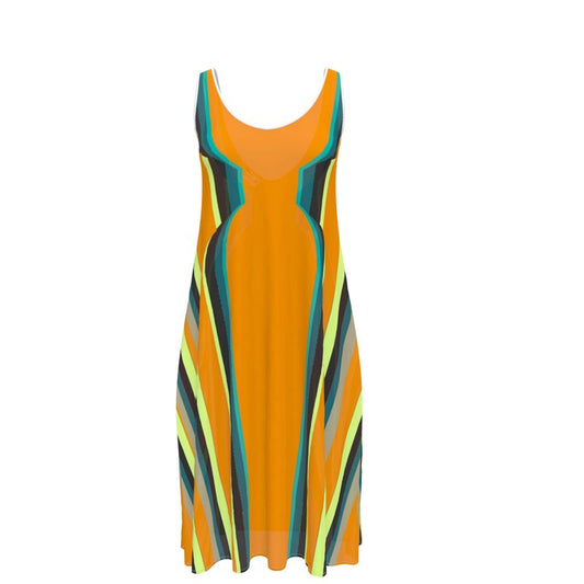 Sleeveless Midi Dress in 3D hourglass orange.