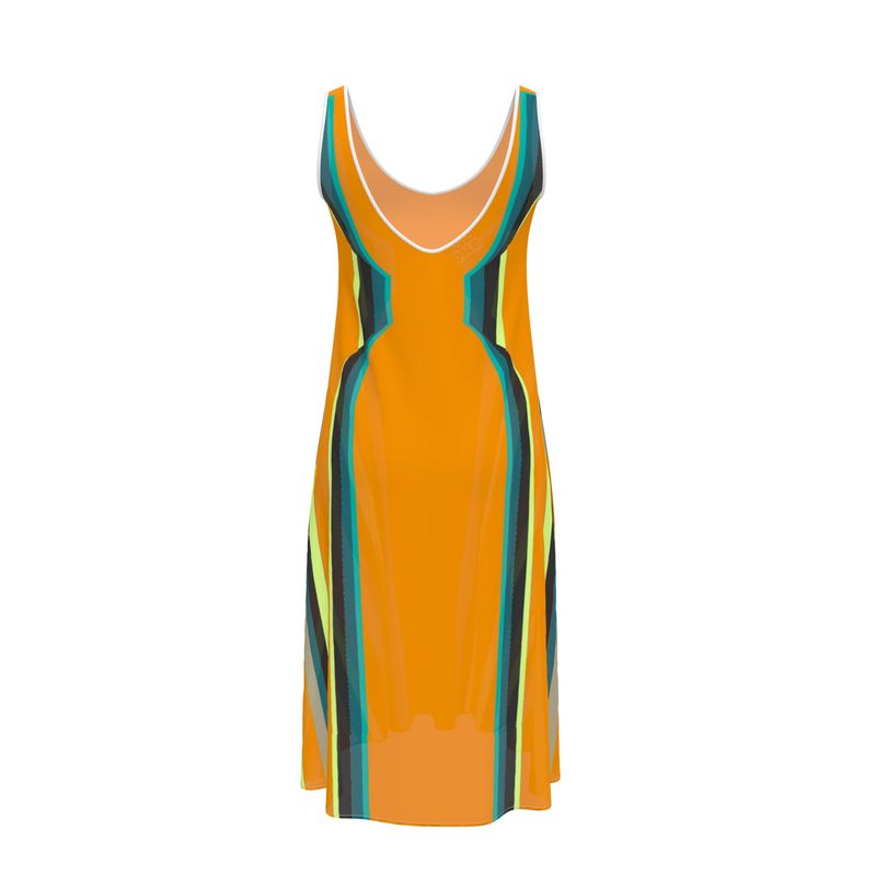 Sleeveless Midi Dress in 3D hourglass orange.