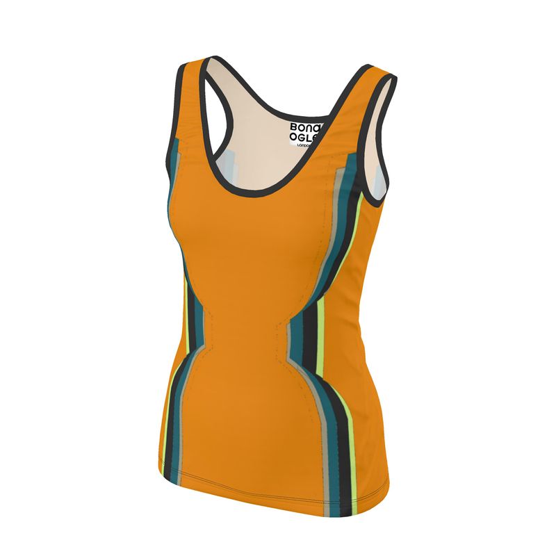 An orange tank top with 3D hourglass patterning, displayed on a mannequin.