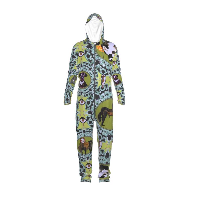 A hooded boiler suit in a green camouflage pattern  but featuring creatures in frames in green with a full-length zipper and long sleeves.