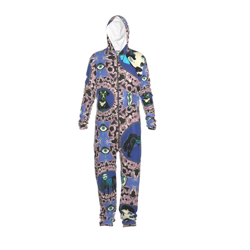 A boiler suit with a hood, featuring a multicolored pattern with various characters and a predominately purple background.