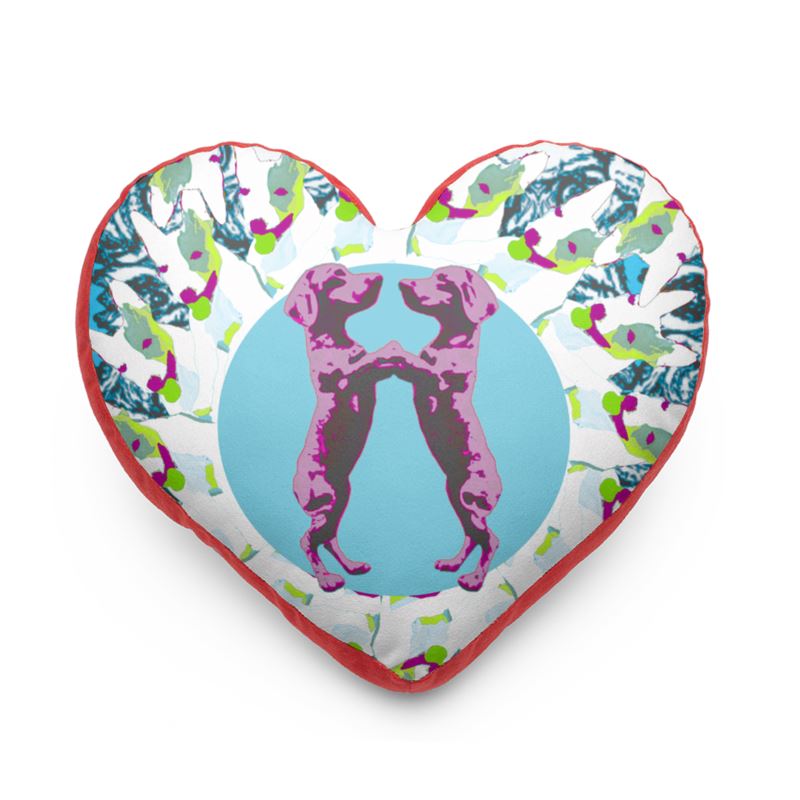 Heart Cushion in mad dog dancing dachshunds turquoise