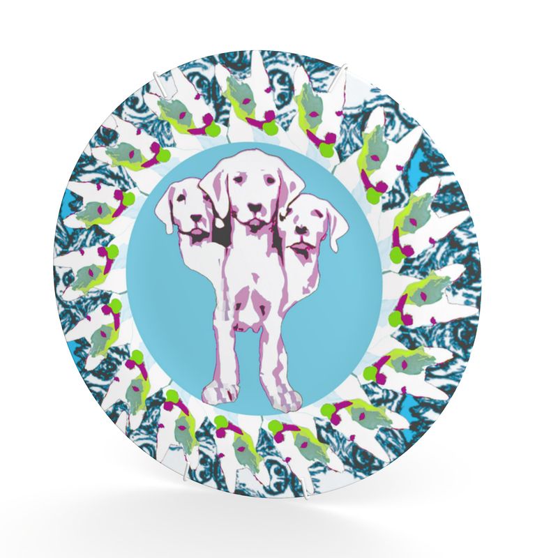 Decorative plate in mad dog 3 headed puppy turquoise