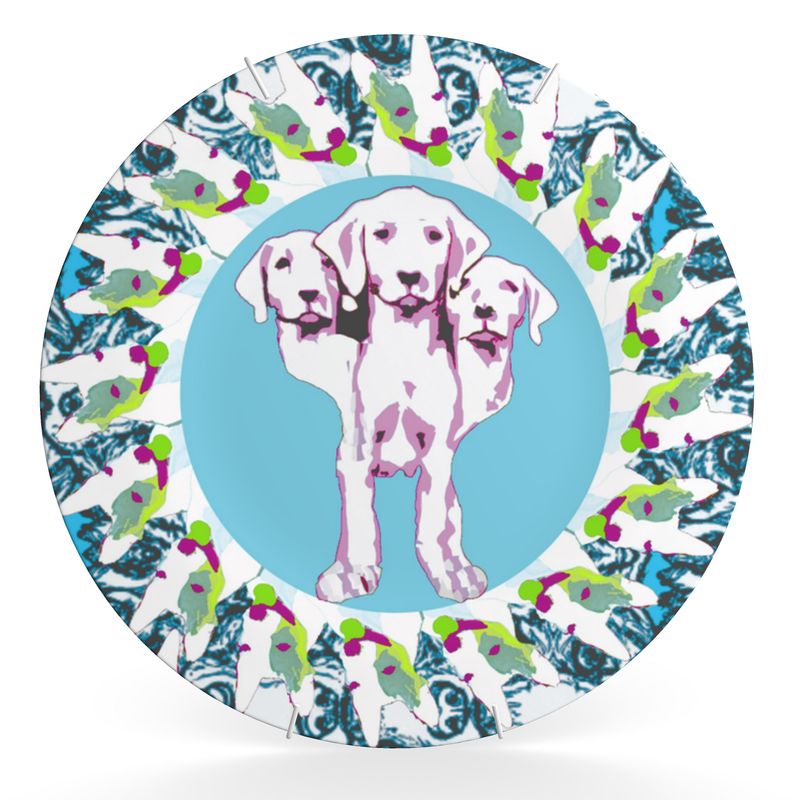 Decorative plate in mad dog 3 headed puppy turquoise