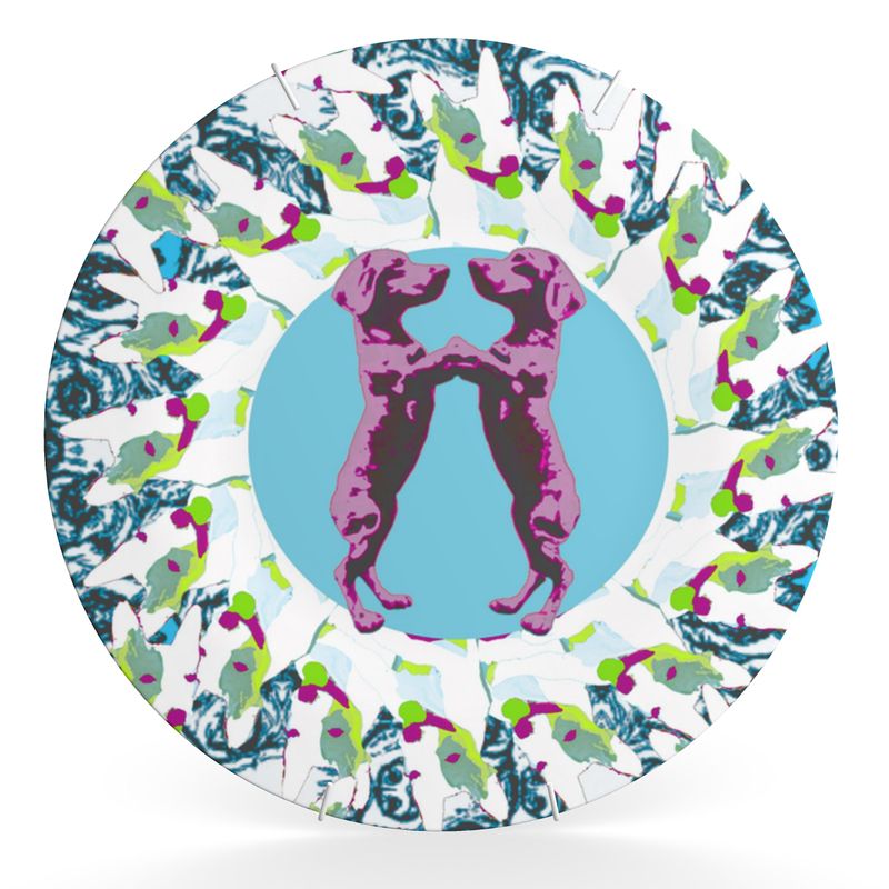Decorative Plate in mad dogs dancing dachshunds turquoise