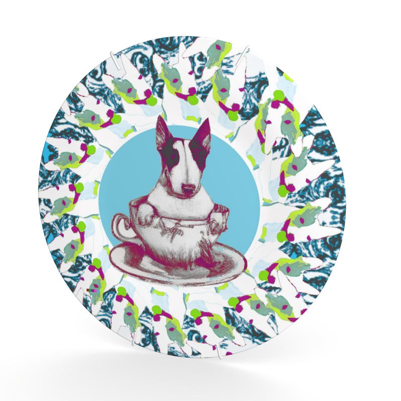 Decorative Plate in mad dogs teacup bull terrier turquoise
